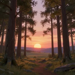 Beautiful sunset in rug woods with backlight ” Beautiful Dreamscape, Digital art, concept art, detailed, lovely colors, Art station,3-D 4K, beautiful background, matte painting, ,