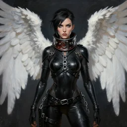 full body artwork of tracer overwatch wearing leather collar in style of zdzisław beksinski, angel wings, overwatch style, dramatic painting, symmetrical composition, wearing detailed leather collar, black shiny armor, chains, black harness, detailed face and eyes,