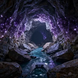 cave filled with lots of rocks and water, glittering walls, amethyst, 3 d render by senior environment artist, sci fi, polycount, light and space, playstation 5 screenshot, unreal engine 5