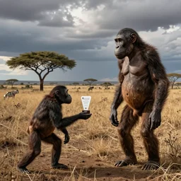 modern humans meeting australopithecus afarensis, award - winning photograph, scientists, proto - humans, savanna