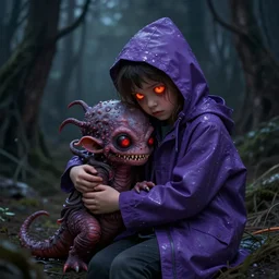 Little nightmares, purple raincoat, fiery eyes, cuddling the demogorgon stranger things, painted by raymond swanland