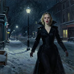Elle Fanning as a vampire stalking her prey at night in the world of Edward Hopper, stormy snowy weather, streetlights, extremely detailed masterpiece, oil on canvas, low-key neon lighting, artstation, Blade Runner 2049, Roger Deakin’s cinematography, by J. C. Leyendecker and Peter Paul Rubens,