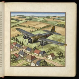 medieval manuscript of b 2 bomber over a rural village, 1 5 3 5.