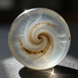 a clear marble with bird poop swirled into it