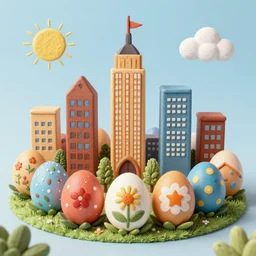 city made out of eggs colorful detailed,