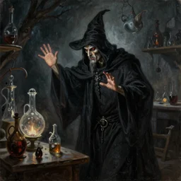a ominous illustration of a dark wizard casting a spell, alchemist lab, painting oil on canvas by Edmund Blair Leighton and Charlie Bowater, octane render, HDR, trending on artstation, 4k, 8k, HD