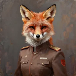 oil painting portrait of anthropomorphic female fox animal dressed in brown modern general uniform, fox animal, oil painting,