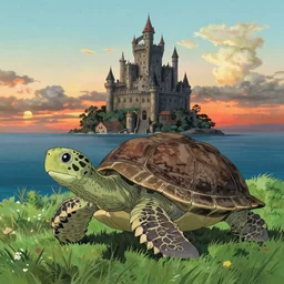 grass and a giant castle on top of a giant turtle in the ocean, sunset, art by hayao miyazaki, studio ghibli film, hi res, 4k, high detail