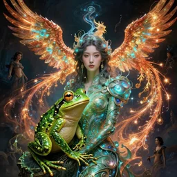 beautiful woman with frog, intricate lights, phoenix, bio luminescent, plasma, by ruan jia and artgerm and range murata and wlop and ross tran and william - adolphe bouguereau and beeple. key art. fantasy illustration. award winning, artstation, intricate details, realistic, hyperdetailed, 8 k resolution.