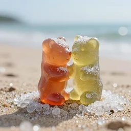 5 5 mm macro photo of a magical gummi bear standing, holding out its hands for a hug, on the sands of a magical beach made of crystal sugar. by raffaello ossola. highly detailed 8 k. intricate. lifelike. soft light. cinematic lighting.