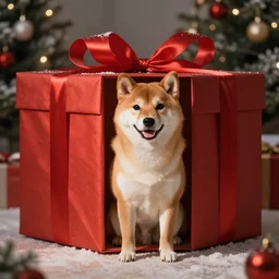 A Shiba Inu peeking outside from a large Christmas present