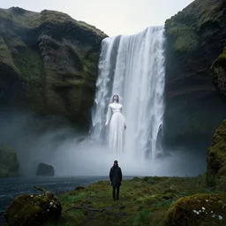 dark and moody photo by ansel adams and pedar balke and wayne barlow, a giant tall huge woman in an extremely long white dress made out of smoke, standing inside a green mossy irish rocky scenic landscape, huge waterfall, volumetric lighting, backlit, atmospheric, fog, extremely windy, soft focus