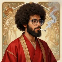 hyperdetailed portrait of a cute young ducktail bearded moroccan muslim male with afro and wayfarer glasses in a red kimono smoking a cigarette, digital painting, artstation hq, sharp foccus ilustration, artstation hq. intricate, elegant. wlop, artgerm, greg rutkowski, alphonse mucha, medium shot. dan mumford, tomokazu matsuyama, takato