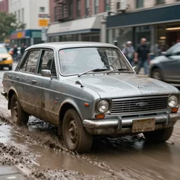 street photography by saul leiter, in a muddy new york street, award winning photo of an ultra detailed dirty vintage ford car speeding very fast on mud, fast shutter speed, motion blur, tiny gaussian blur, highly detailed, highly intricate, depth of field, trending on top gear