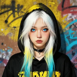 highly detailed portrait of a city punk lady student, blue eyes, hoodie, white hair by atey ghailan, by greg rutkowski, by greg tocchini, by james gilleard, by joe fenton, by kaethe butcher, gradient yellow, black, brown and cyan blue color scheme, grunge aesthetic!!! ( ( graffiti tag wall background ) )