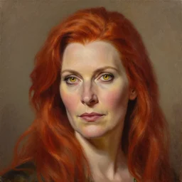 a detailed matte head - on portrait painting of an middle - aged tiefling elegant and distinguished noblewoman with golden eyes and short long flowing red hair, by charlie bowater, lise deharme, wlop, tending on arstation, dungeons and dragon, dnd, pathfinder, fanart, oil on canvas