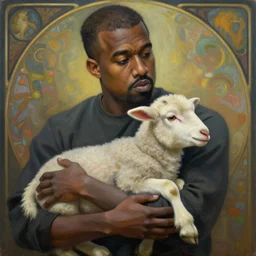 a painting of kanye west holding a lamb, side - view, afrofuturistic, ambient, dreamy, by filip hodas and alphonse mucha, detailed facial features, detailed hands, extremely intricate, rendered in blender