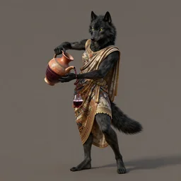 barefoot anthropomorphic black fur wolf woman wearing an ornate toga pouring wine from an amphora,