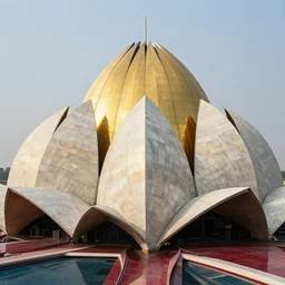 futuristic pyramid lotus temple space station with gold, red and white marble panels, by buckminster fuller and syd mead, intricate contemporary architecture, photo journalism, photography, cinematic, national geographic photoshoot