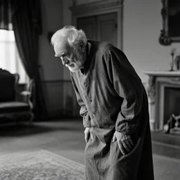count of durres, a 1 0 0 year very old man, dignified but aged face, night gown, hunched over, rare hair, black and white photography inside an old mansion