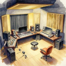 a beautiful illustration of futuristic interior layout of music studio, audio equipments, optical illusion, isometric, big medium small, golden ratio, in watercolor gouache detailed paintings, in style of syd mead, trending on artstation, 8 k, panel, hard surface, vent, zaha hadid, props, cozy, decoration, simon stalenhag, deus ex