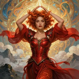 a fire mage posing with hands above head, ginger afro with freckles inspired by annie, face like sophie turner, wearing red dragon armor corset and long flowing red robes blowing in the wind inspired by alphonse mucha, standing on top of a mountain, epic clouds and godlike lighting, intricate illustration and highly detailed digital painting. concept art by artgerm and larry elmore. highly detailed symmetrical face