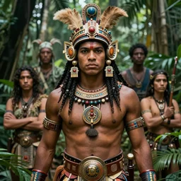 mayan jungle warrior portrait, expressive pose, sharp, centered focus, intricate detail, by jamie hewlett, moebius, dan mumford, josan gonzalez, greg rutkowski, cinematic, movie poster, trending on artstation