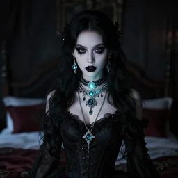 elegant gothic girl with glowing jewelry in bedroom, digitally coloured, photo, ultra realistic, by caestrad, collin estrada, instagram, deep blacks, high contrast, hasselblad, intense lighting, artstation, highly detailed, confident, soft focus, artgerm, chris cold
