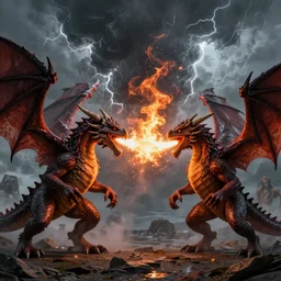 two dragons with faces of gollum fighting each other, dragonbreath, firestorm, thunderstorm