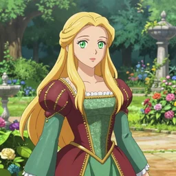 a royal portrait of a very beautiful elven woman with long blond hair and green eyes, wearing a tudor style dress, royal garden landscape, epic fantasy, anime key visual, vibrant colors, ambient lighting, 4k illustration, concept art, lois van baarle, ilya kuvshinov, rossdraws, artstation