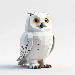 low-poly snowy owl, professional studio photo, full body, isolated on a pure white background, centered, entire subject in frame, sharp focus, soft studio lighting