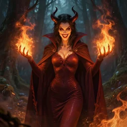 evil fire sorceress in the woods, skintight dress, long cloak, evil, grin, dnd, highly detailed, detailed face, burning hands, fire everywhere, smooth, sharp focus, digital painting, by artgerm, greg rutkowski, alphonse mucha