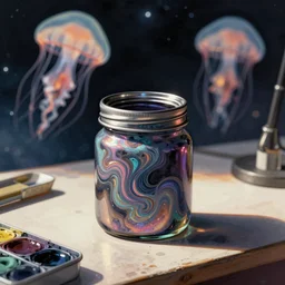 airbrush of sealed jar of swirling ink shimmering on a desk in space near jellyfish, dramatic afternoon lighting, intense watercolor, heavy metal, by moebius