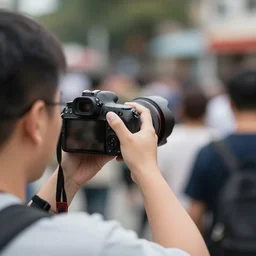 a photographer taking a towards the spectator, bokeh, background blur, high quality