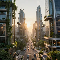 Sunrise over solar punk city, many trees and plants, flying cars, busy streets filled with pedestrians, sun rays, vines, vertical gardens, utopia, beautiful glass and steel architecture, extreme detail, futuristic