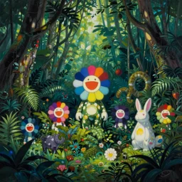 : A painting by Takashi Murakami of mythical characters in jungle