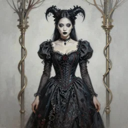 ultra realist soft painting of a single attractive asian female with gothic makeup and a long dress, curiosities carnival, symmetry accurate features, very intricate details, focus, curvy, artstyle by Tom Bagshaw, award winning
