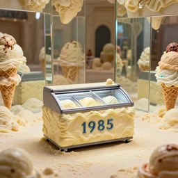 an ice cream fridge in the middle of a neapolitan ice cream desert, from 1 9 8 5, made out of ice cream, reflected in mirrors, ice cream in background, low - light photograph, three point perspective, miniature subsurface scattering, photography tyler mitchell