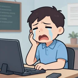 A frustrated software developer crying because his code doesn't work, digital art, cartoon, funny. 4k.