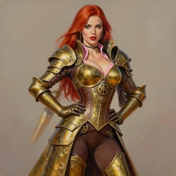 Steampunk Pin-up girl, alluring, latina skin, red hair, long straight hair, fully armor, brass colored armor coat, brown corset, pink shirt underneath, gears, posing, trending on artstation, artstationHD, artstationHQ, acrylic painting, realistic