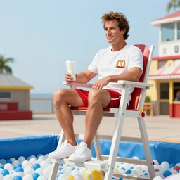 david hasselhoff in a lifeguard chair watching over the ballpit of a mcdonald's, 3 5 mm, f / 2. 8, flash photography