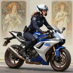 Police female riding yamaha motorcycle, sci-fi, highly detailed, digital painting, artstation, concept art, smooth, sharp focus, illustration, art by artgerm and greg rutkowski and alphonse mucha