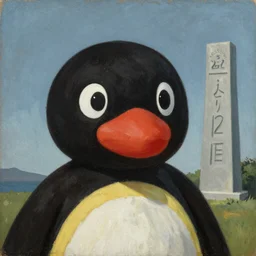 a memorial for pingu, painting, the style of goya, medium close up