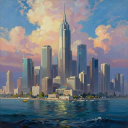 a Stunning painting of a cyberpunk city on the sea, epic lighting, beautiful sky, hyper detailed, Realistic, 8K Resolution, annibale Siconolfi, Peter Mohrbacher, donato giancola, Joseph Christian Leyendecker, WLOP, Boris Vallejo