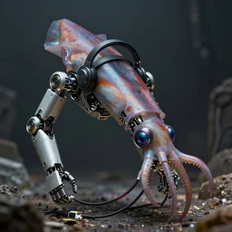 robotic squid. headset with broken microphone, cable spaghetti broken microphone
