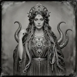 daguerreotype of a beautiful cthulhu priestess woman with tentacles for hair wearing occult robes and jewels. tintype