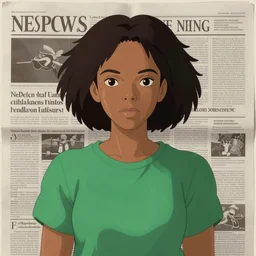 portrait of black woman wearing a green t shirt studio ghibli, deviantart, medium shot, symmetrical, intricate, elegant, matte painting, illustration, newspaper