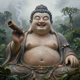 hyperrealist closeup painting of a giant fat happy long - haired buddha with pink eyes smoking a huge blunt ( 2 0 0 4 ) in the sky high above the jungle. moody, misty, depth perception.
