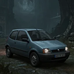 screenshot of 1990's Renault twingo in skyrim, dark, moody, medieval
