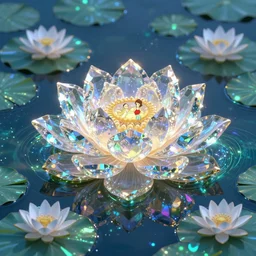 a highly detailed render of crystal lotuses in an iridescent pond with bioluminescent algae and waterlilies by yusuke murata and makoto shinkai and moebius, cel shaded, unreal engine, ray tracing, vray, octane render, highly detailed, iridescent, illustration, artstation, pixiv, reflective, volumetric lighting, soft glow, vibrant, sharp, epic scale